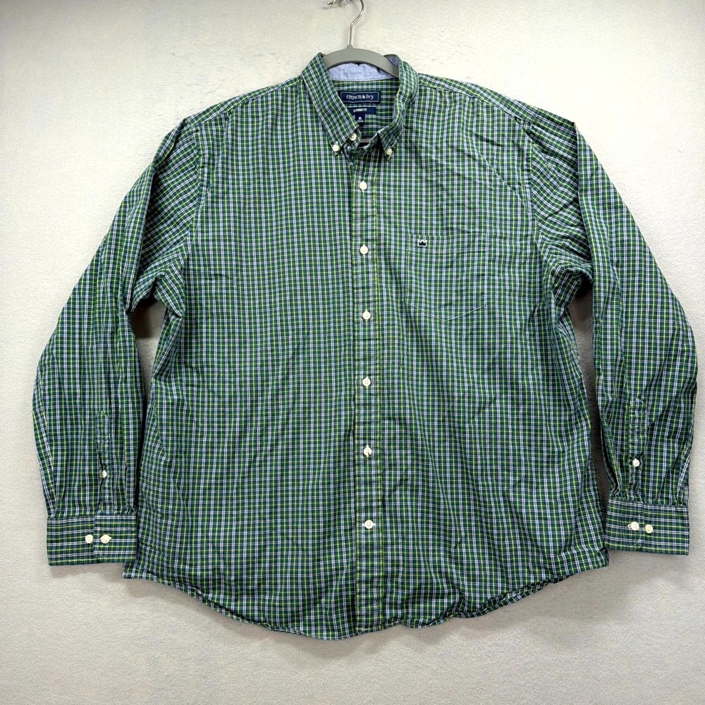 Crown & Ivy Shirt Mens XL Green Plaid Classic Fit Oxford Button Down Stretch
